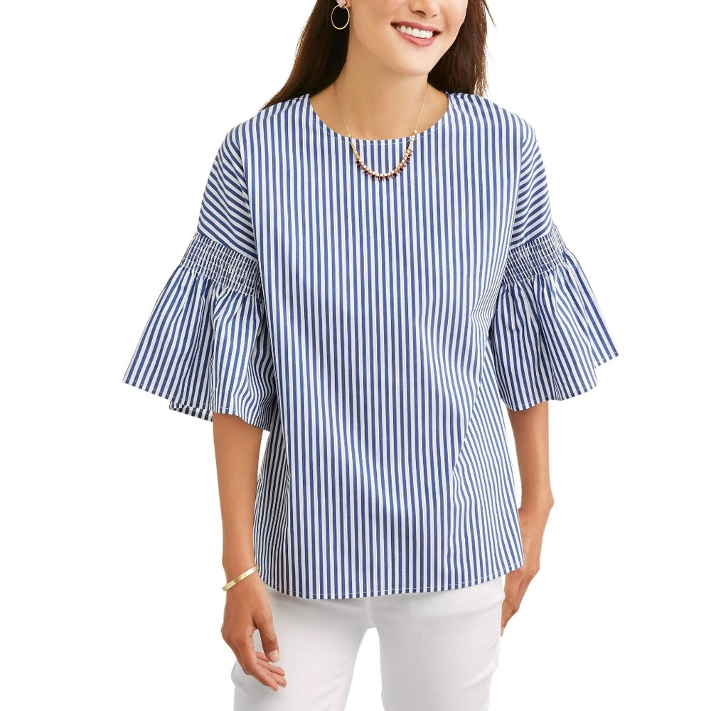 NEW Como Blu Women's Smocked Bell Sleeve Stripe Top Petite Small Shirt PS